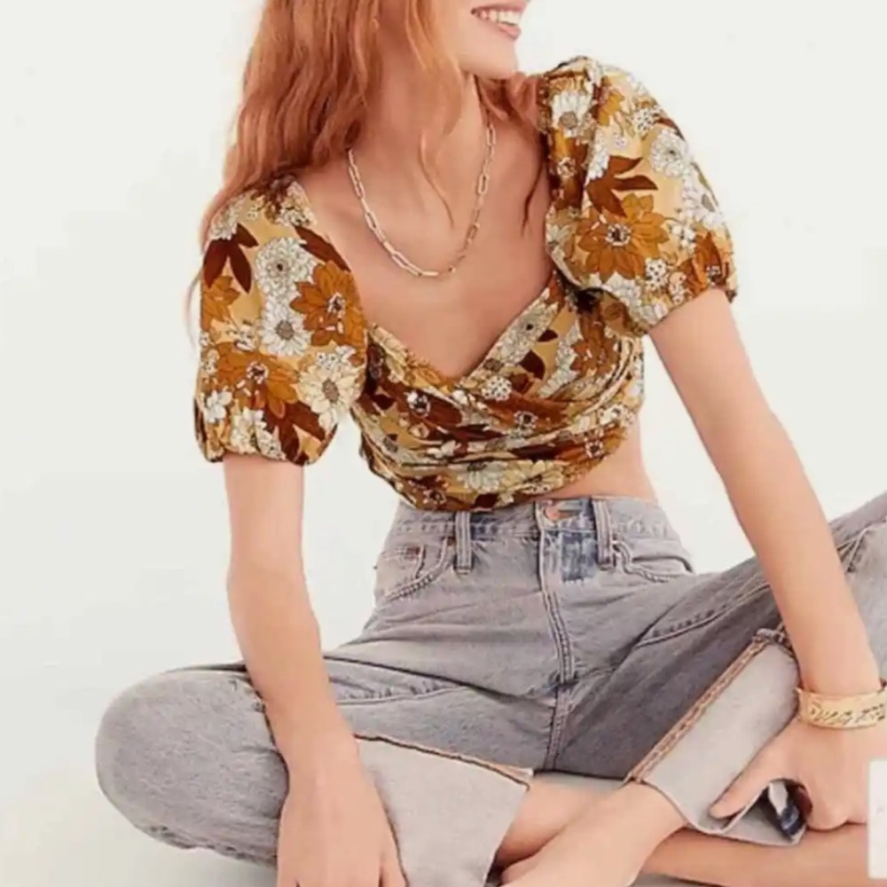 New J Crew Puff Sleeve Organic Cotton Crop Top Size Large in Zinnia Floral